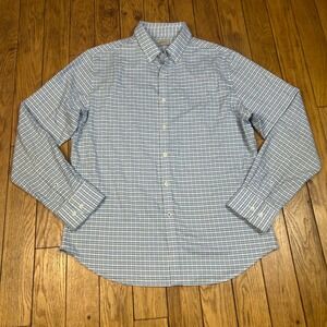 Savannah Mens Blue White‎ Gingham Plaid Button Down Shirt L Tencel Blend Stretch